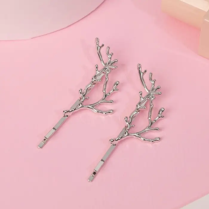 Невидимка для волос "Либерти" (набор 2 шт) веточки, 6 см, серебро