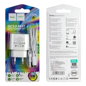 Сетевое зарядное устройство C109A HOCO с кабелем USB на MicroUSB QC3.0 белое