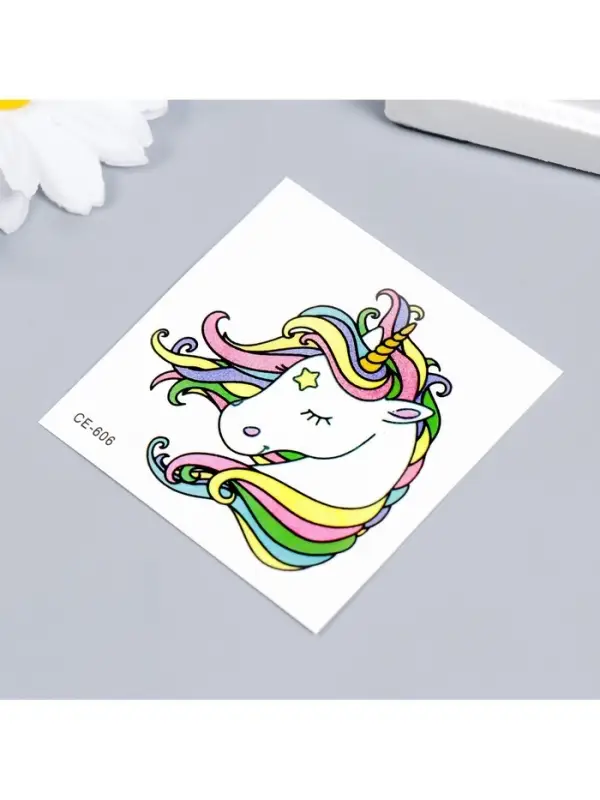 Переводная тату на тело цветная «Единорог с радужной гривой», 6×6 см