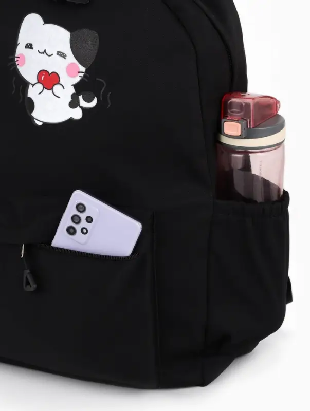 Рюкзак &laquo;Котик&raquo;, с сумкой и пеналом, 3 кармана, чёрный