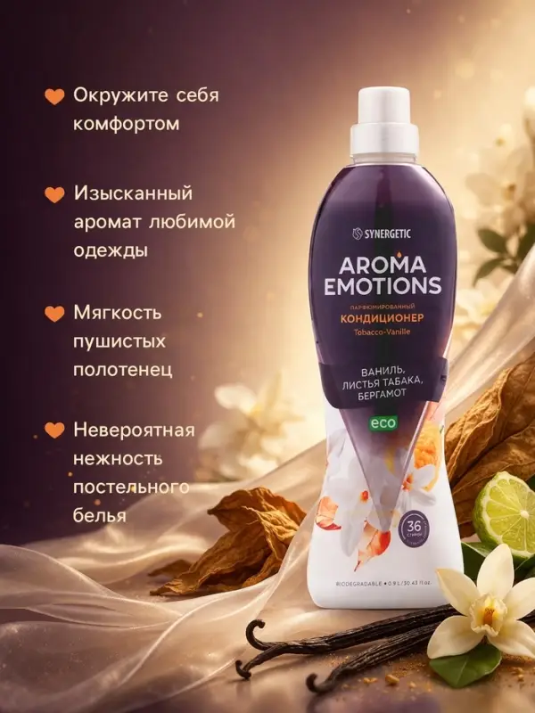 Кондиционер для белья парфюмированный SYNERGETIC ваниль, табак, бергамот, 0.9 л