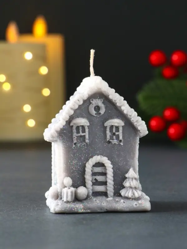 Свеча новогодняя "Домик с Ёлкой" 55х70 мм, серый