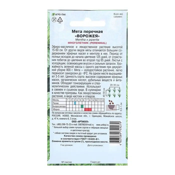 Семена Мята перечная  Семена Мята перечная "Ворожея", 0,03 г