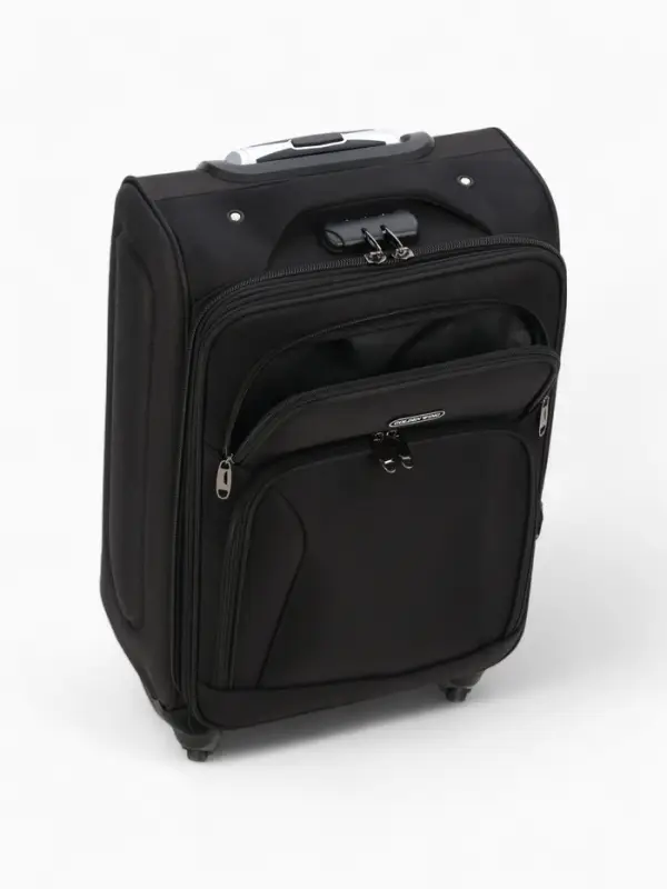 Чемодан 20 Чемодан 20", Текст, 37*23*54, отд на молнии, 2 нар/карм, увелич, код замок, 4 колеса, черный 10875