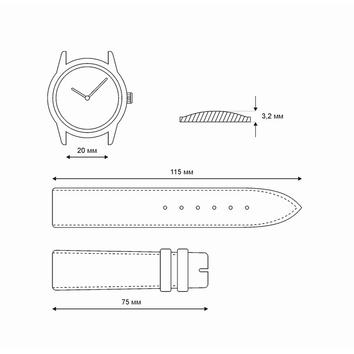 Ремешок для часов, мужской, 20 мм, запряжник 75 мм, горт 115 мм, натуральная кожа, тёмно-коричневый Ремешок для часов, мужской, 20 мм, запряжник 75 мм, горт 115 мм, натуральная кожа, тёмно-коричневый