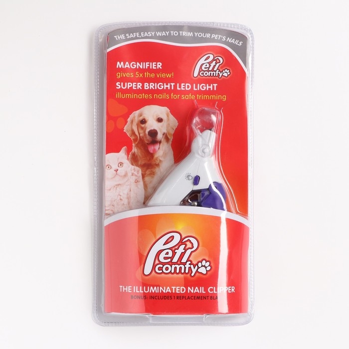 Когтерез для животных, с LED фонарём и контейнером для когтей, на батарейках, бело-фиолет. Когтерез для животных, с LED фонарём и контейнером для когтей, на батарейках, бело-фиолет.