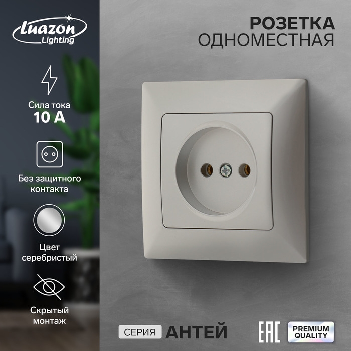 Розетка одноместная Luazon Lighting  Розетка одноместная Luazon Lighting "Антей", 10 А, скрытая, без з/к, серебристая