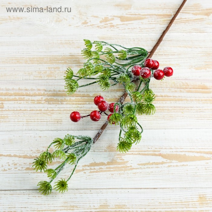 Декор  Декор "Зимняя магия" веточка зелёная ягоды иней 42 см