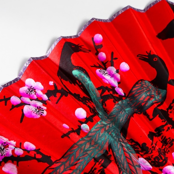 Веер бамбук, текстиль h=50 см  Веер бамбук, текстиль h=50 см "Сакура с птицами" красный