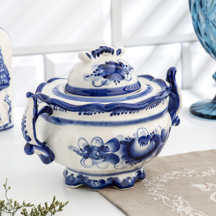 Сахарница, гжель, фарфор, автор Рогова, 13х17 см