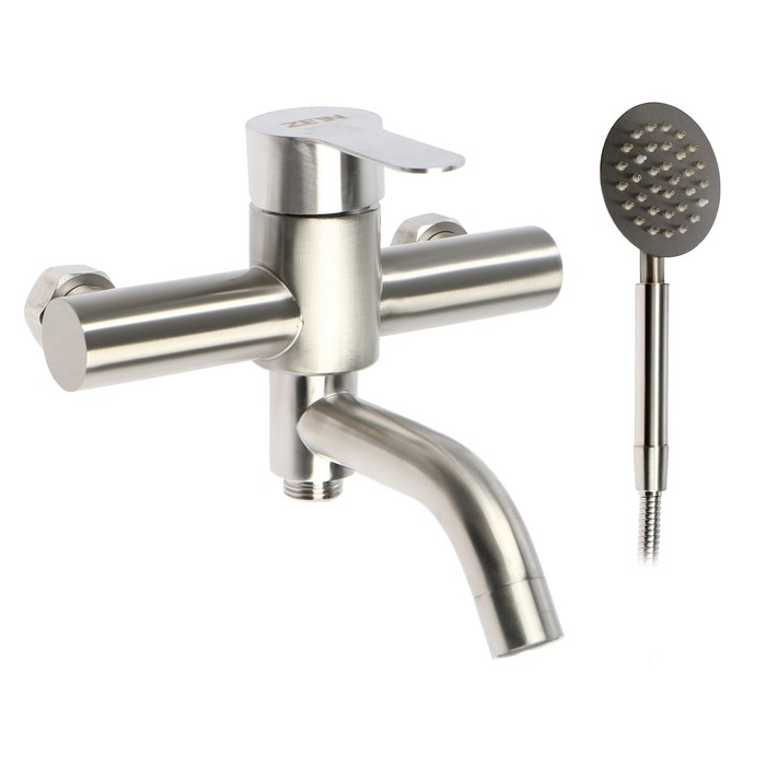 Смеситель для ванны ZEIN Z3489, изогнутый излив, душевой набор, нержавеющая сталь, сатин Смеситель для ванны ZEIN Z3489, изогнутый излив, душевой набор, нержавеющая сталь, сатин