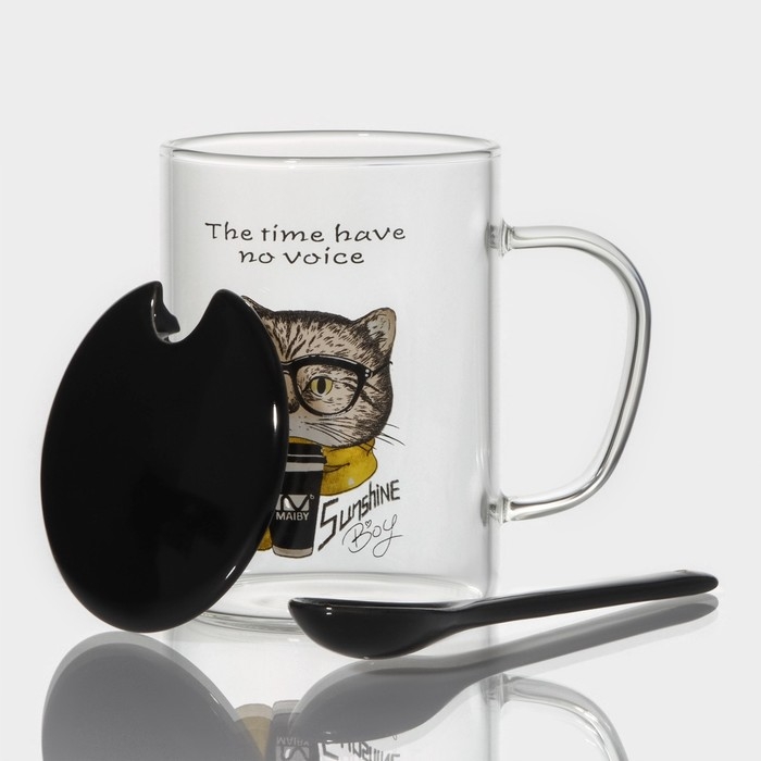 Кружка стеклянная с керамической крышкой и ложкой «Хипстер», 450 мл, рисунок МИКС Кружка стеклянная с керамической крышкой и ложкой «Хипстер», 450 мл, рисунок МИКС