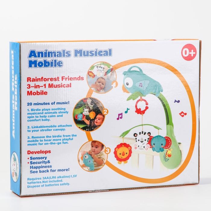 Мобиль музыкальный на кроватку «Тропический лес. Попугайчик», 3 игр., на батарейках, съемный муз.блок Мобиль музыкальный на кроватку «Тропический лес. Попугайчик», 3 игр., на батарейках, съемный муз.блок