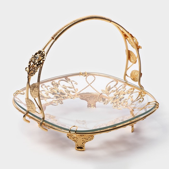 Фруктовница металлическая «Хайгарден», 21,5×21,5×20,5 см, съёмная ручка, цвет металла золотой