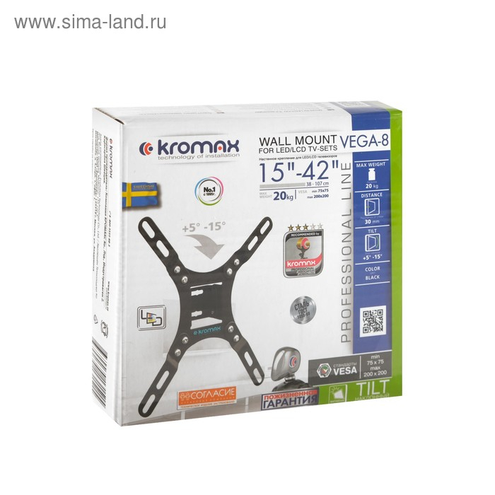 Кронштейн Kromax VEGA-8, для ТВ, наклонный, 15-42 Кронштейн Kromax VEGA-8, для ТВ, наклонный, 15-42", 30 мм от стены, черный