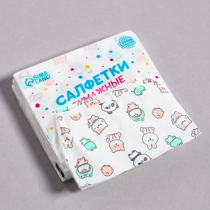 Салфетки бумажные Салфетки бумажные "Звери", 60 шт в пакете, трёхслойные