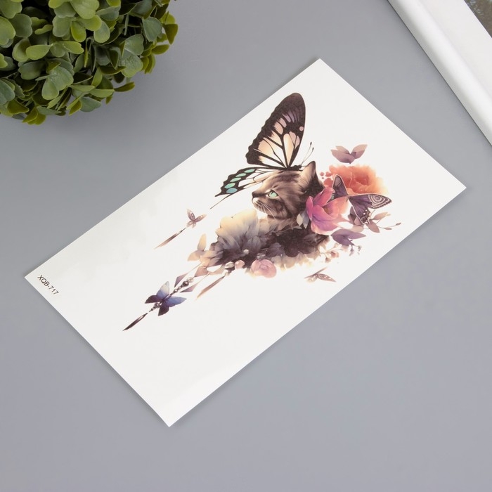 Татуировка на тело цветная Татуировка на тело цветная "Кошка в акварельных цветах" 11,4х21 см