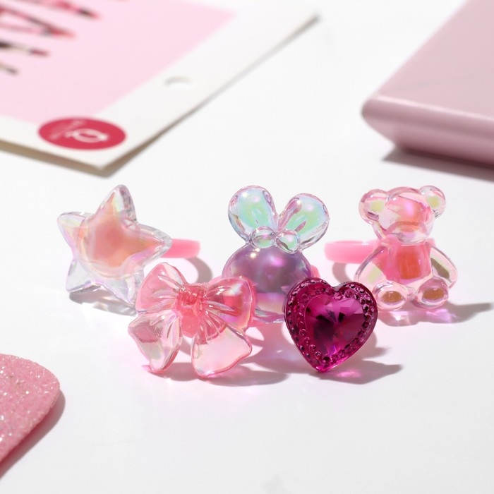 Кольцо детское «Ассорти» девчачьи грёзы, форма МИКС, цвет МИКС, безразмерное Кольцо детское «Ассорти» девчачьи грёзы, форма МИКС, цвет МИКС, безразмерное