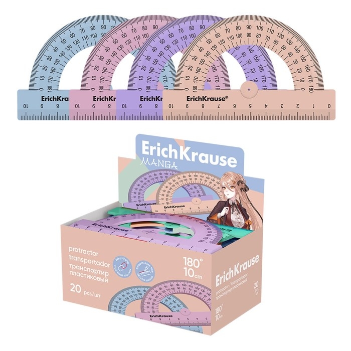 Транспортир 10 см 180°, ErichKrause Транспортир 10 см 180°, ErichKrause "Manga", пластик, непрозрачный, коробка-дисплей, МИКС