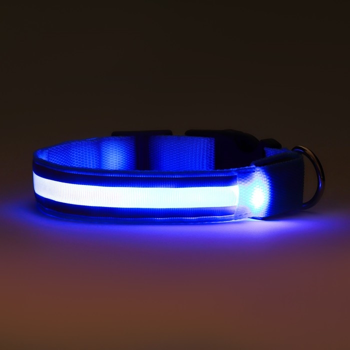 Ошейник с подсветкой Двойная полоса размер L, ОШ 45-52 х 2,5 см 3 режима свечения голубой Ошейник с подсветкой Двойная полоса размер L, ОШ 45-52 х 2,5 см 3 режима свечения голубой