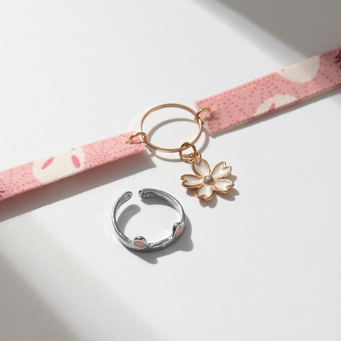 Набор 2 предмета: кольцо, чокер «Япония» милый, цвет бело-розовый в серебристо-золотом металле, 30 см Набор 2 предмета: кольцо, чокер «Япония» милый, цвет бело-розовый в серебристо-золотом металле, 30 см