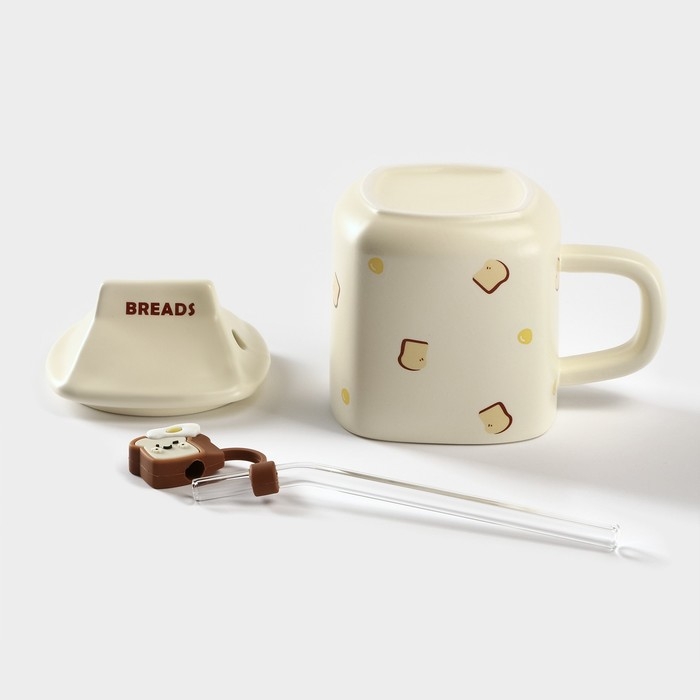 Кружка керамическая с крышкой и трубочкой Breads, 350 мл, цвет бежевый