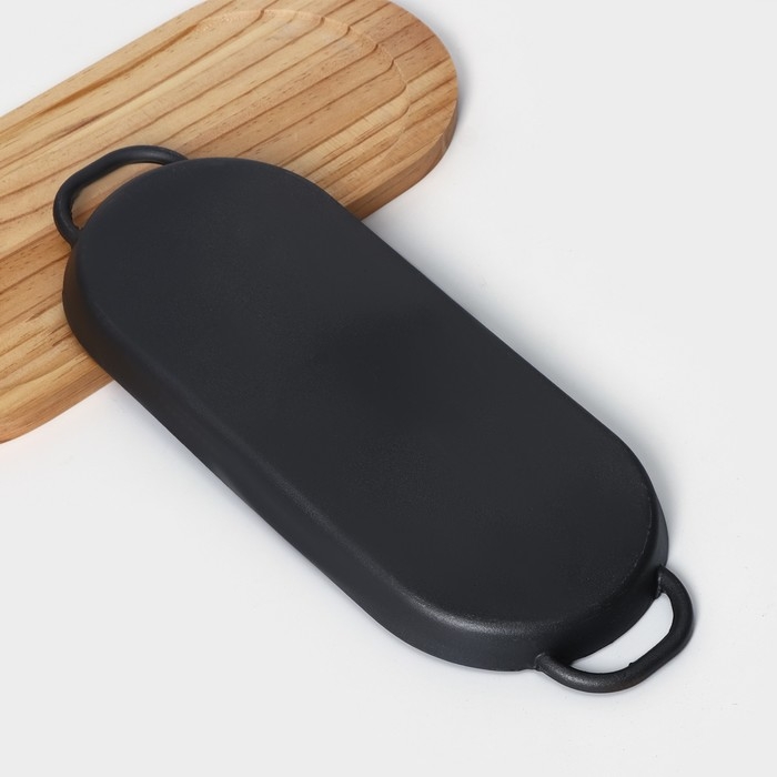 Сковорода чугунная «Овал гриль», 43×16,5×2,5 см, с ручками, на деревянной подставке