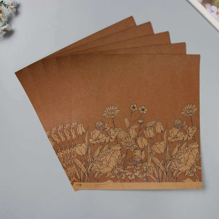 Бумага для скрапбукинга двусторонняя крафт Бумага для скрапбукинга двусторонняя крафт "Какао и цветы" плотность 180 гр набор 5 шт 30,5х32 см