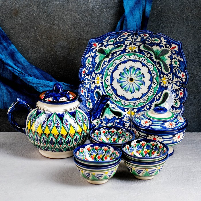 Набор чайный Риштан, 9 предм: чайник 1л., 6 пиал 9,5см, конфетница 23см, сахарница 250м Набор чайный Риштан, 9 предм: чайник 1л., 6 пиал 9,5см, конфетница 23см, сахарница 250м