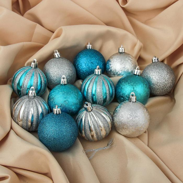 Набор шаров пластик d-6 см, 12 шт Набор шаров пластик d-6 см, 12 шт "Праздничный салют" серебристо-синий