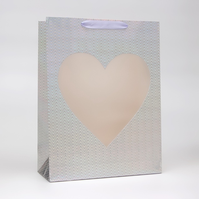 Пакет голография с окном "Сердце", "Серебряный", L 40 х 30 х 13 см набор 1шт 10449248