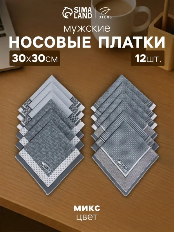 Платки носовые мужские &laquo;Этель. Анджело&raquo;, 30&times;30 см, набор 12 шт., хлопок 100%, рисунок МИКС, серые