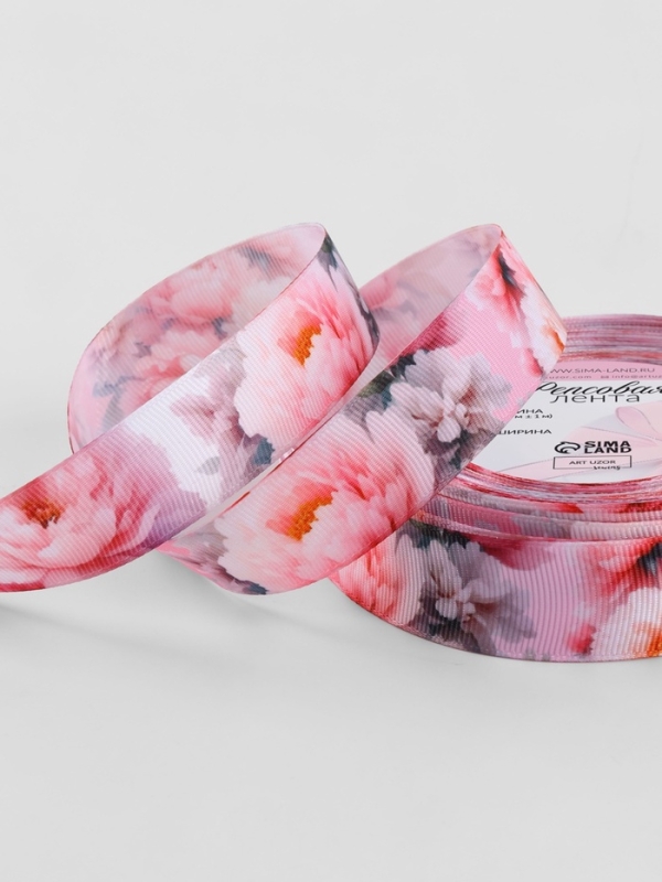 Лента репсовая 25мм*25±1ярд(23м±1м) розовые пионы АУ