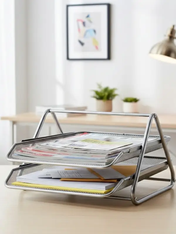 Лоток для бумаг горизонтальный, металлическая сетка, 2 отделения, серый