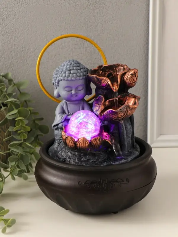 Фонтан настольный от сети, подсветка "Будда с лотосами - благополучие" 16х16х22 см