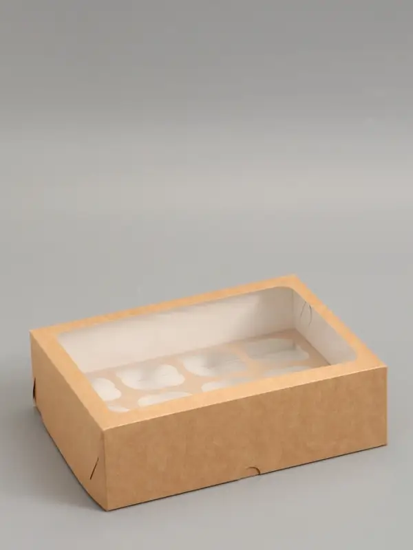 Упаковка под 12 капкейков с окном, крафт, 32,5 х 25,5 х 10 см