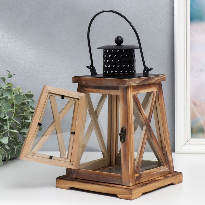 Подсвечник дерево на 1 свечу "Фонарь - трапеция" состаренный 26х16х16 см