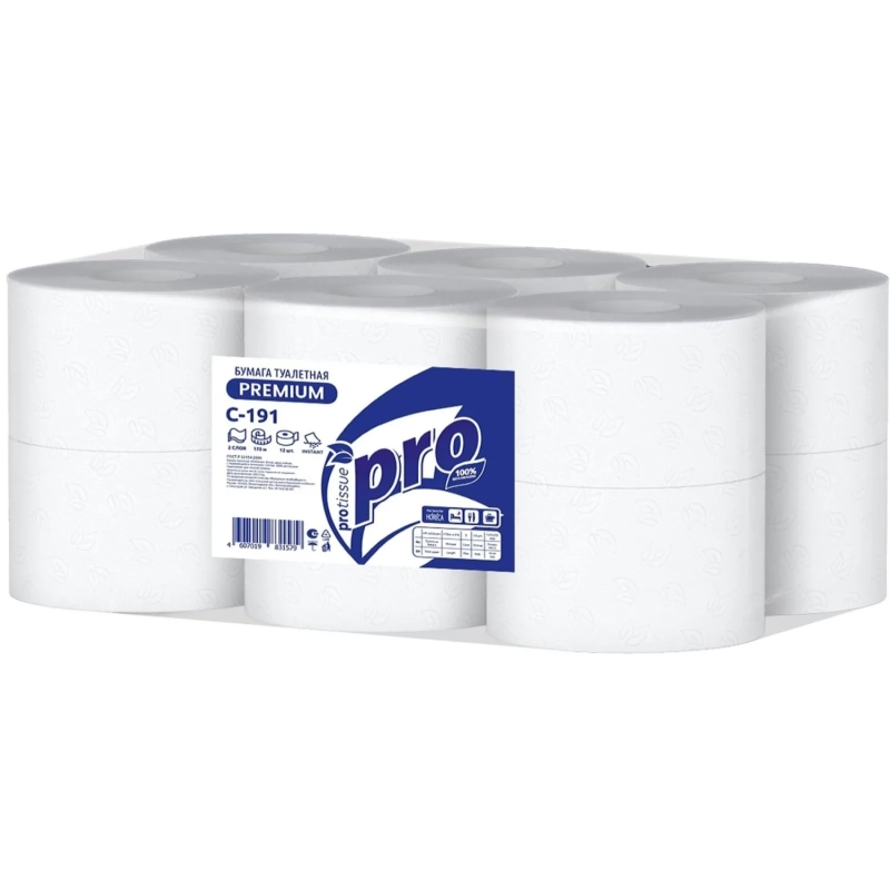 Бумага туалетная д/дисп Protissue 2сл белая цел 170м 12рул/уп_С191