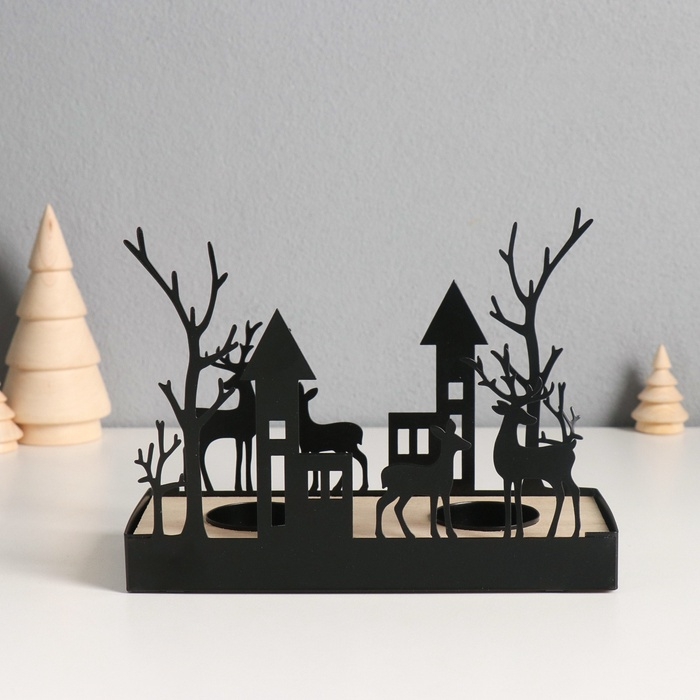 Подсвечник металл, дерево на 2 свечи "Олени и домики" d=4 см 7,5х18х14 см