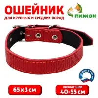 Ошейник кожаный с тиснением на синтепоне, 65&times;3 см, ОШ 40-55 см, красный