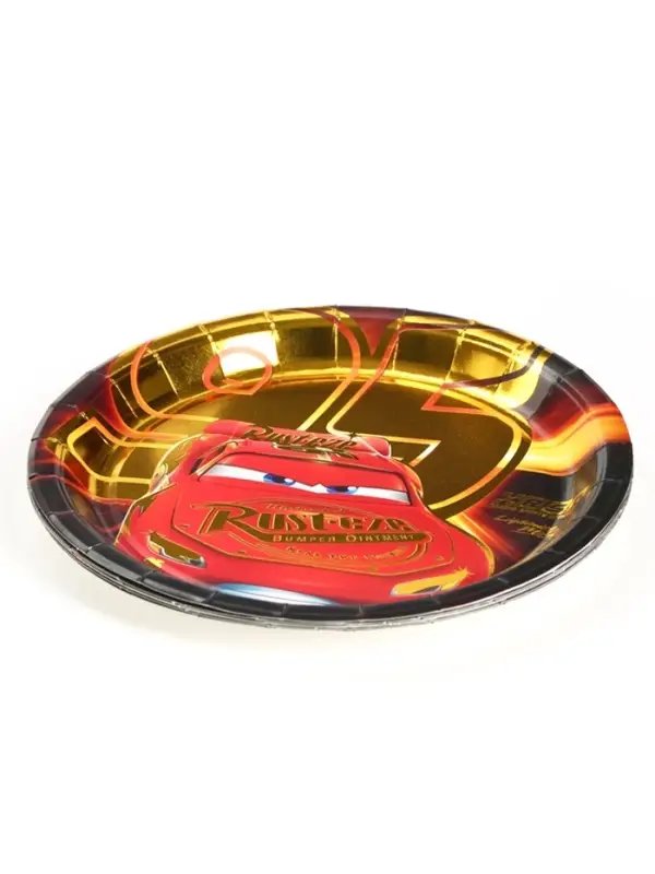 Тарелка одноразовая бумажная с тиснением, 18 см, Тачки