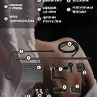 Душевая система ZEIN ZS-65BL, смеситель, троп. и ручная лейка квадрат, нерж. сталь, черный