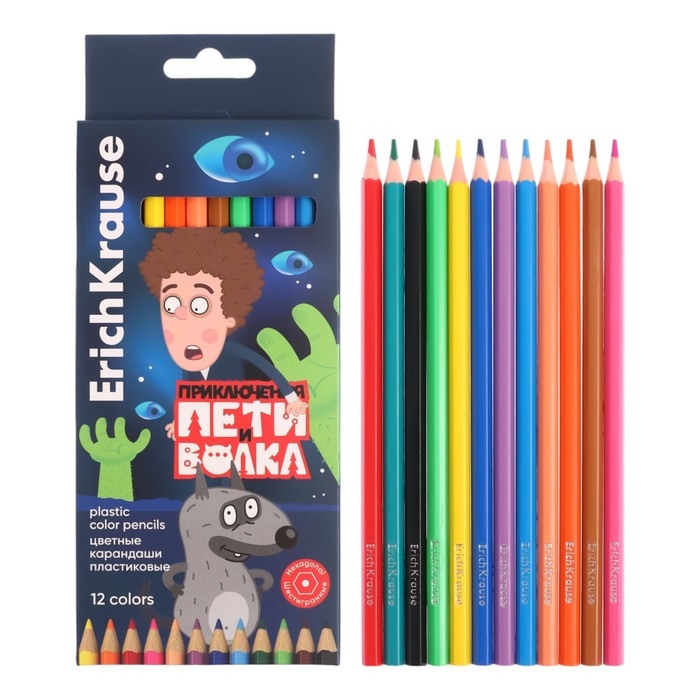 Карандаши 12 цветов ErichKrause Карандаши 12 цветов ErichKrause "Приключения Пети и Волка" пластик, шестигранные, европодвес