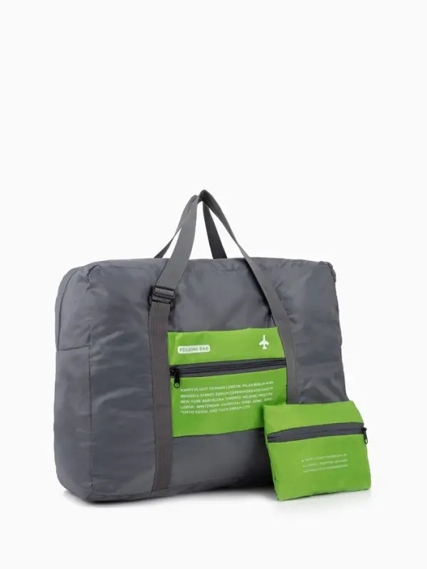 Сумка дорожная на молнии, складная в косметичку, наружный карман, держатель для чемодана, серая, зелёная