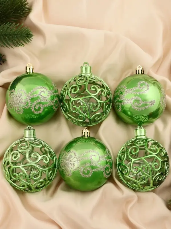 Ёлочные игрушки &laquo;Эстер&raquo;, шары новогодние, набор d=8 см, 6 шт., узор, зелёный