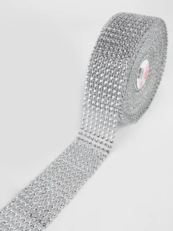 Лента с имитацией страз, 4 см, 9&plusmn;1 м, цвет серебряный