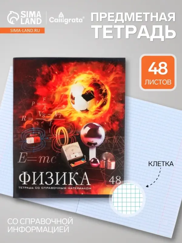 Предметная тетрадь по физике Calligrata &laquo;Футбол&raquo;, 48 листов, в клетку, со справочным материалом, обложка из мелованного картона
