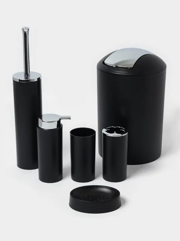 Аксессуары для ванной SAVANNA &laquo;Сильва&raquo;, 6 предметов, дозатор, мыльница, 2 стакана, ёршик, ведро, чёрные
