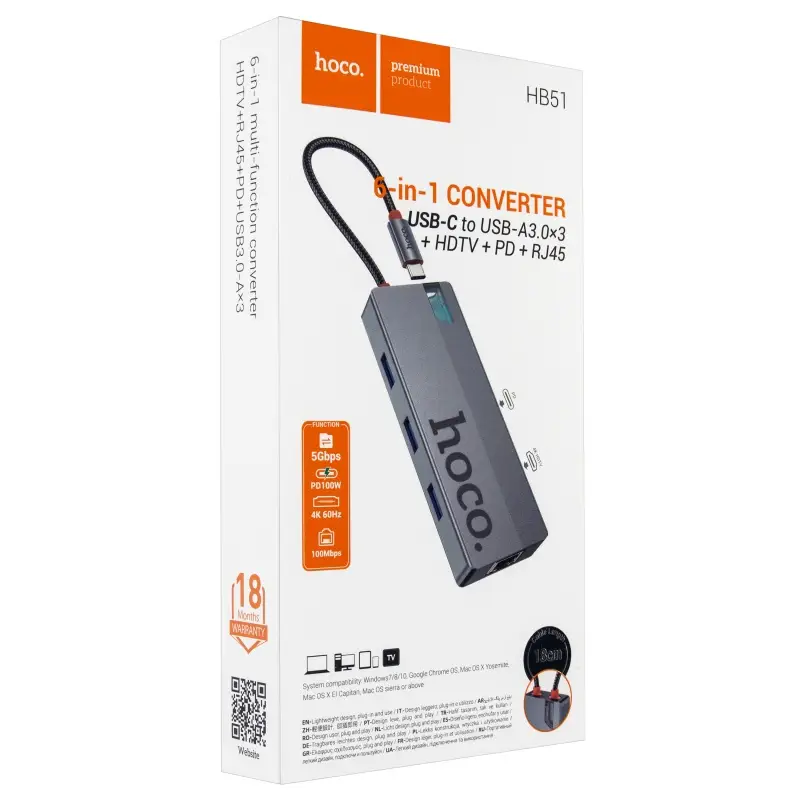 HUB Type-C 6 в1 (3 USB3.0 +HDMI +USB-C PD + SD/TF) Baseus black WKQX050001