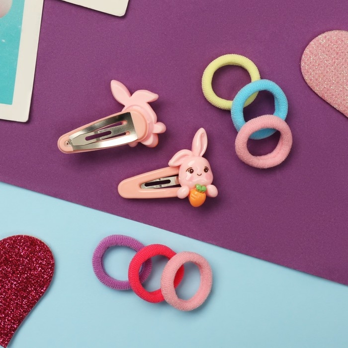 Набор для волос Набор для волос "Карамель" (10 резинок 1,5 см, 2 невидимки 3,5 см) зайки морковка, розовый 1030944